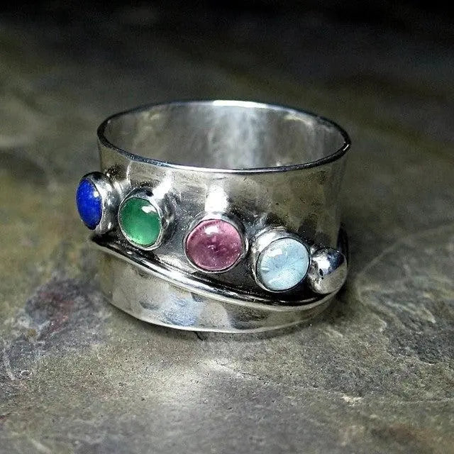 Boho Ring with Multicolored Crystals