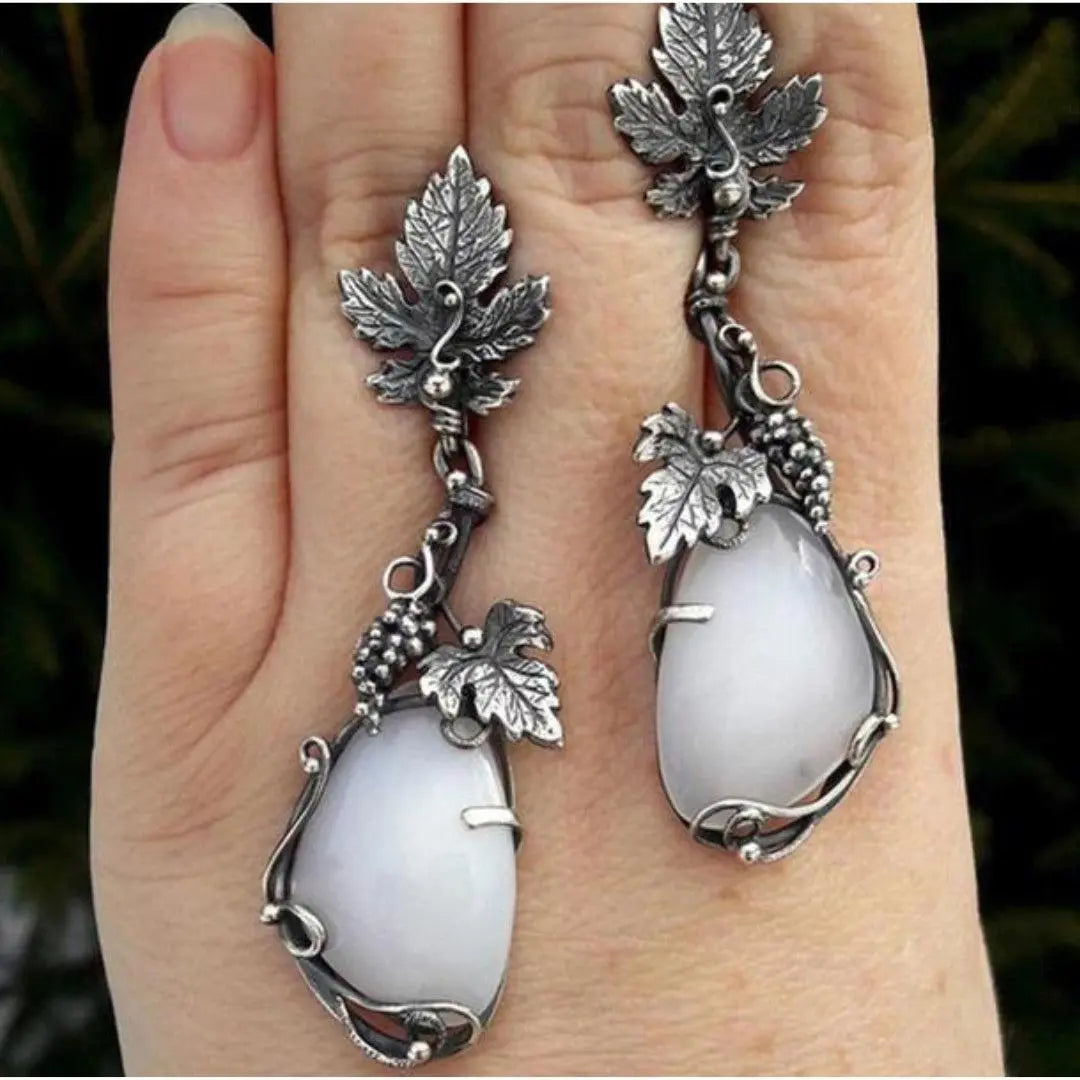 Boho Leaf Earrings with White Opal in Sterling Silver