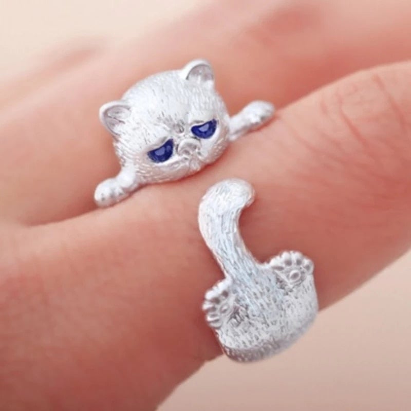 Adjustable ring made of 925 sterling silver with kitten