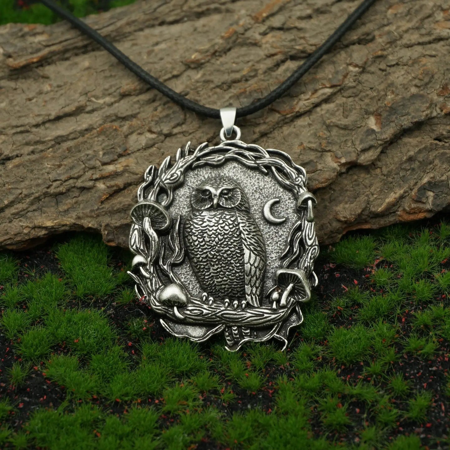 Mystical Owl Moon Mushroom Pendant Necklace