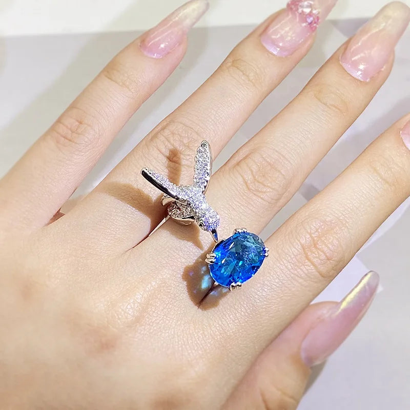 Adjustable Hummingbird Gemstone Ring – Zircon, 14K Gold Plated