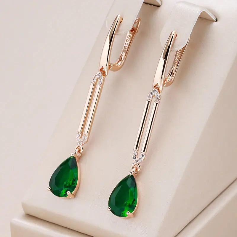 Green Crystal Pendant Earrings in Gold