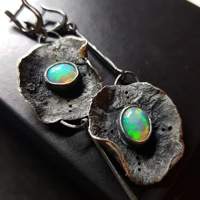 Boho earrings with green opal in silver