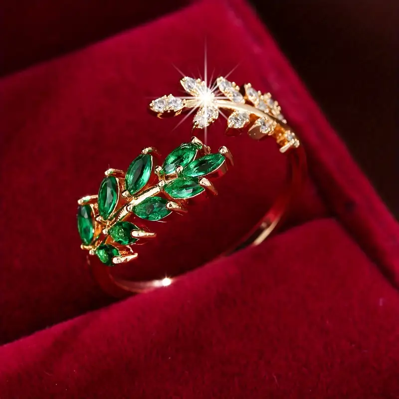 Open ring with green zirconia leaves