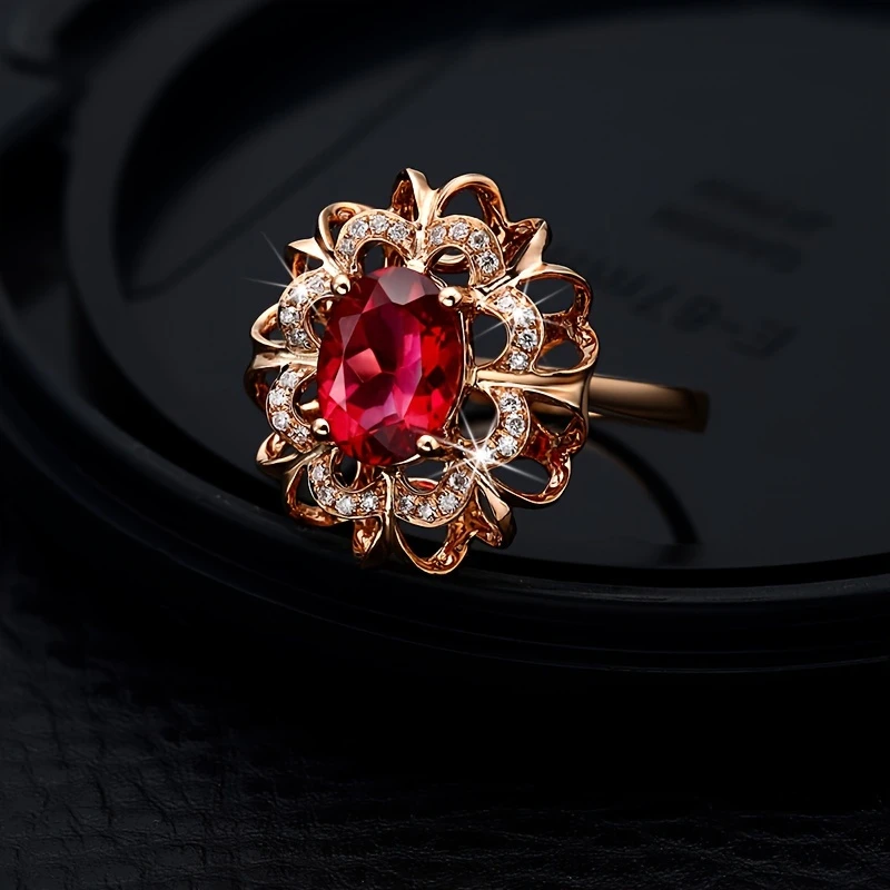 Rose ring with zirconia and red crystal
