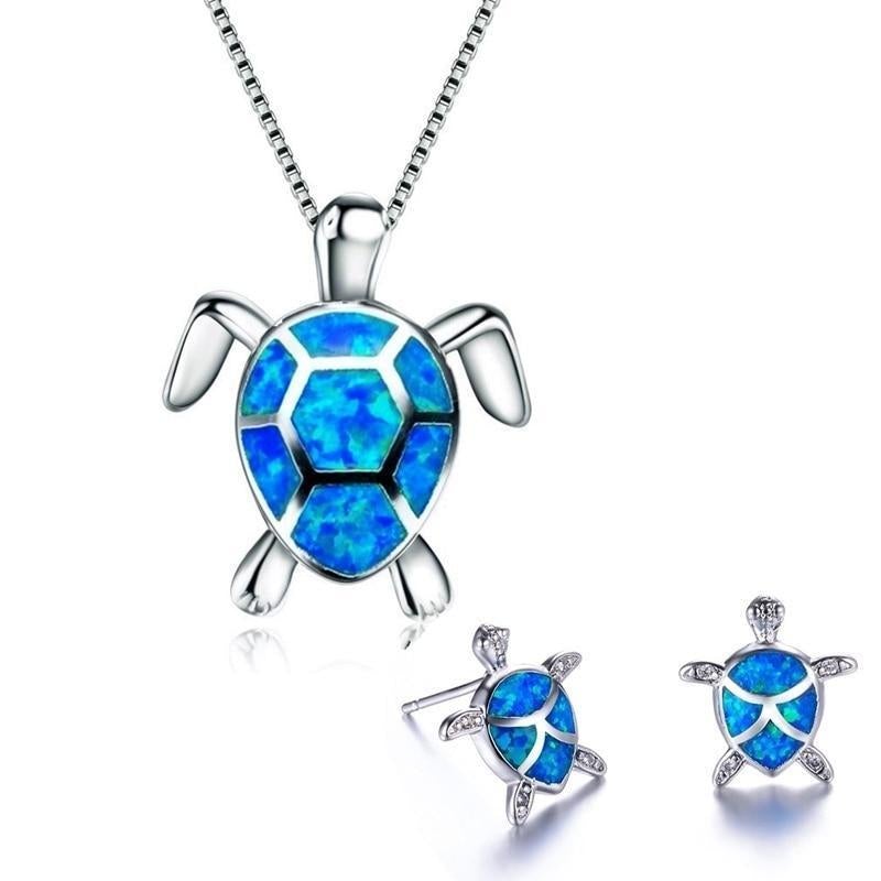 Set of necklace and earrings with opal sea turtles