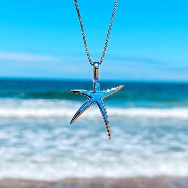 Silver necklace with starfish pendant made of blue opal