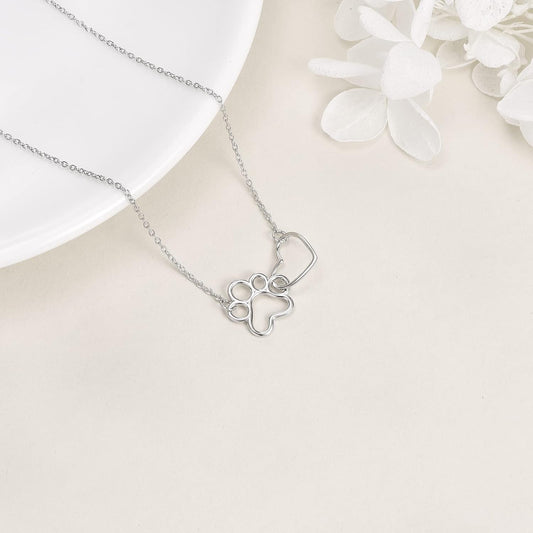Sterling Silver Paw Print Necklace – Heart Crystal Pendant