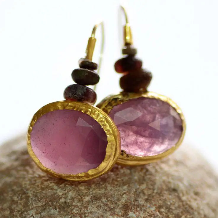 Pink Crystal Earrings in Vintage Gold
