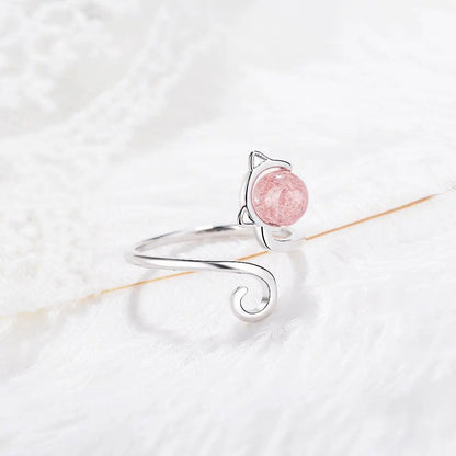 925 Sterling Silver and Pink Agate Kitten Ring