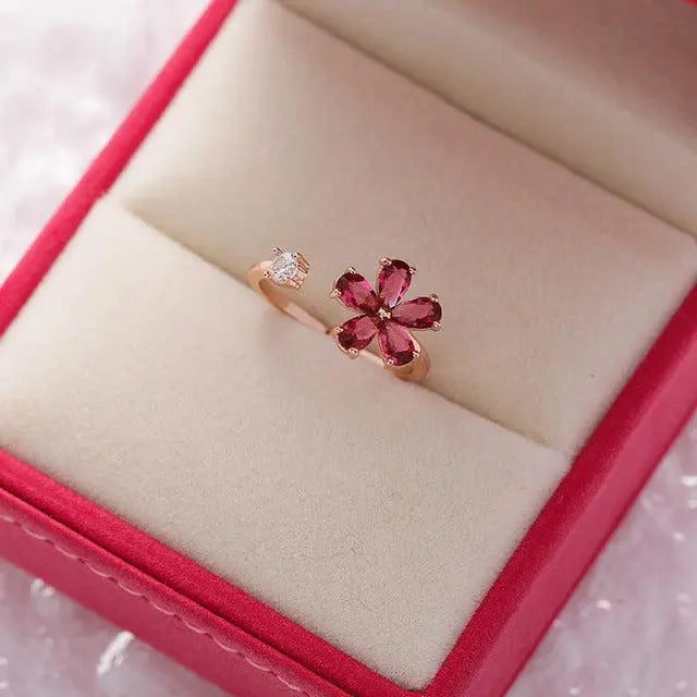 Adjustable Ring Red Crystal Flower in Gold