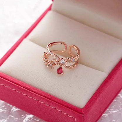 Adjustable Gold Ring with Zirconia and Ruby