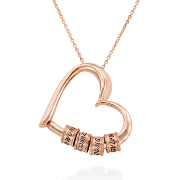 Personalized heart necklace with the option to attach rings and custom name engravings