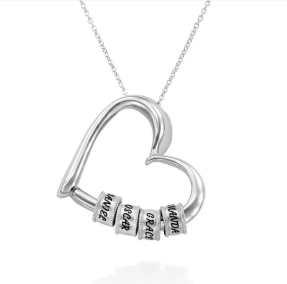 Personalized heart necklace with the option to attach rings and custom name engravings