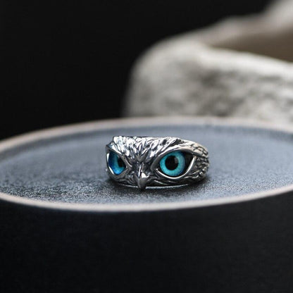 Owl of Good Luck adjustable ring made of silver and opal