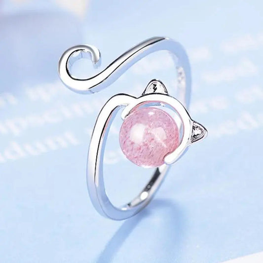925 Sterling Silver and Pink Agate Kitten Ring