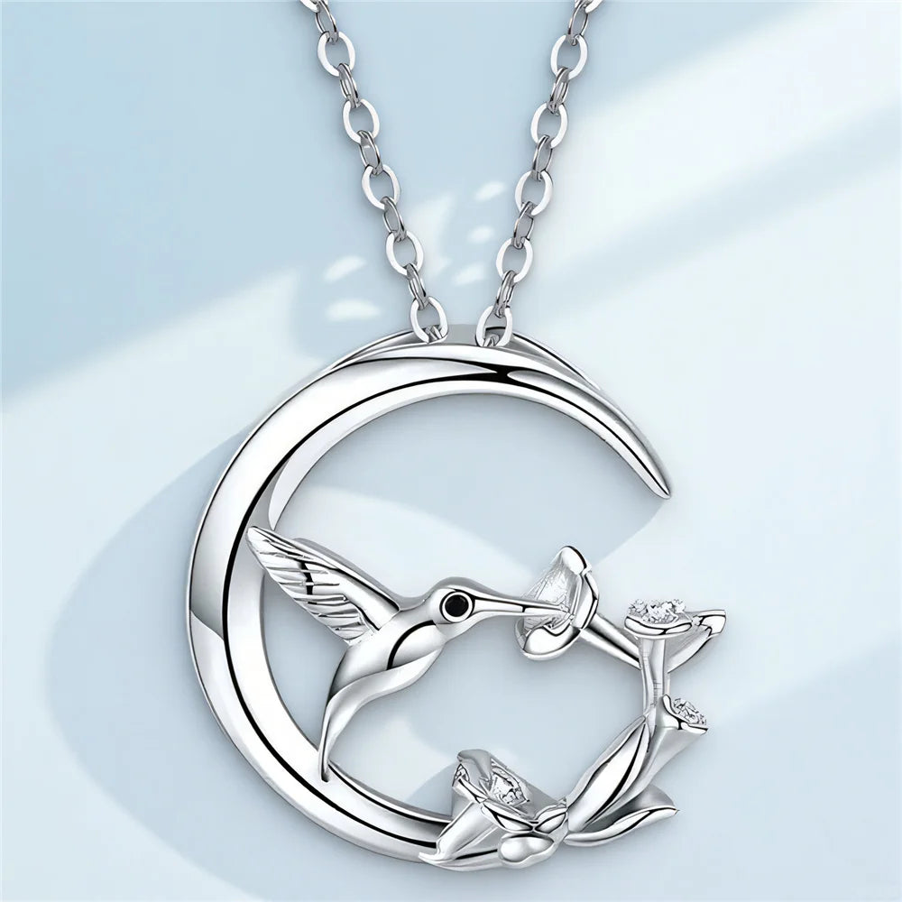 Moon Bird Vintage Silver Pendant Necklace