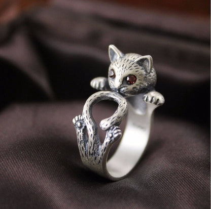 Adjustable hand-painted cat ring in 925 sterling silver