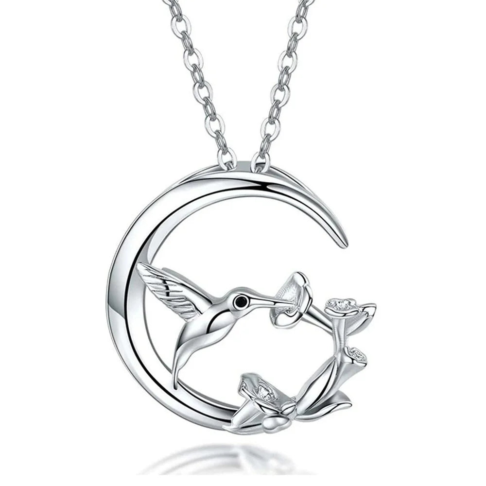Moon Bird Vintage Silver Pendant Necklace