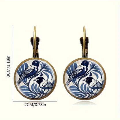 Vintage Blue Magpie Glass Dome Earrings