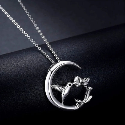 Moon Bird Vintage Silver Pendant Necklace