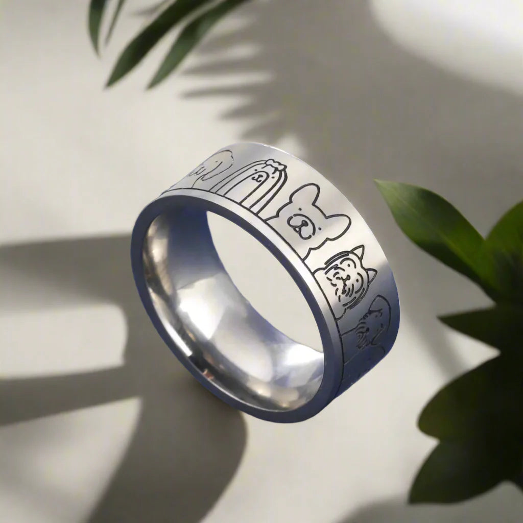 Wide Stainless Steel Dog Ring – Engraved Design for Women