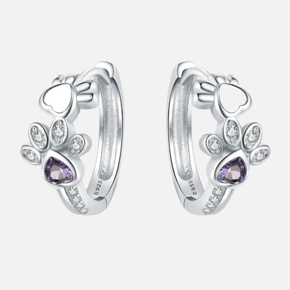 Paw Huggie Earrings in 925 Sterling Silver – With Zirconia and Heart Gem