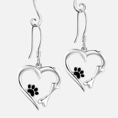 Silver Drop Earrings with Heart & Paw Design
