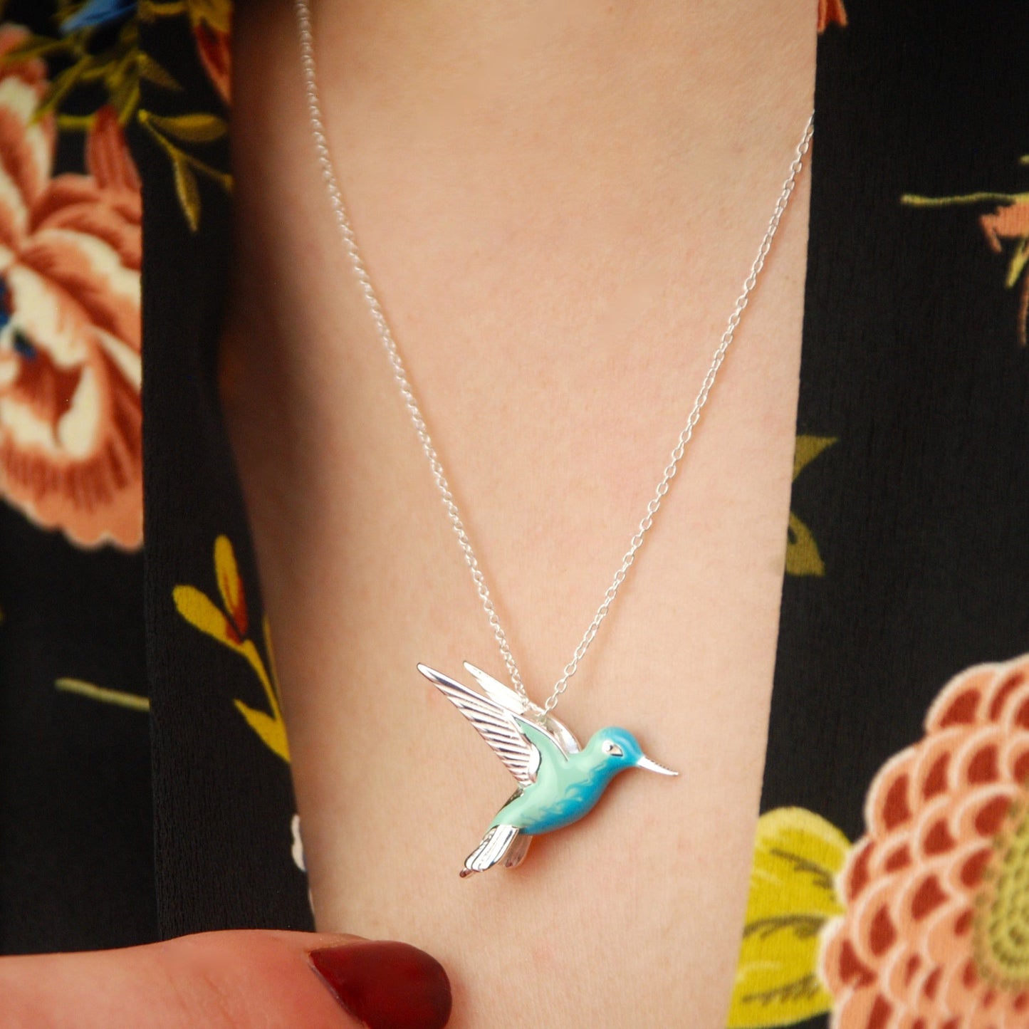 Sterling Silver Enamel Hummingbird Necklace