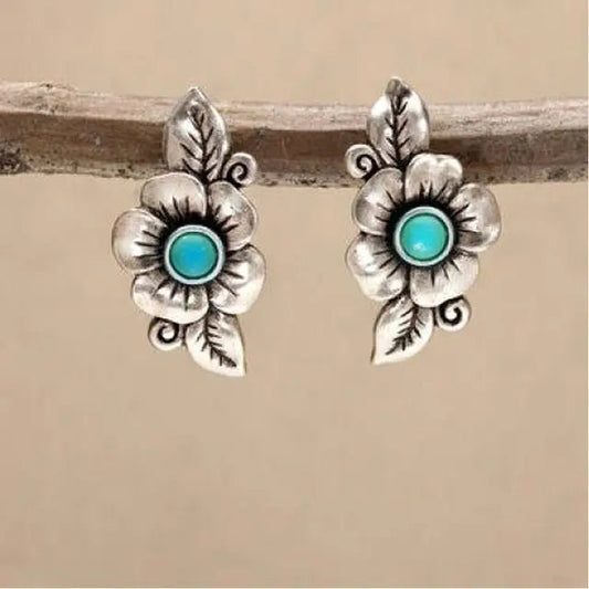 Boho earrings with blue opal flower made of sterling silver