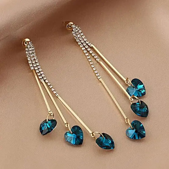 Blue Crystal Heart Elegant Rain Earrings