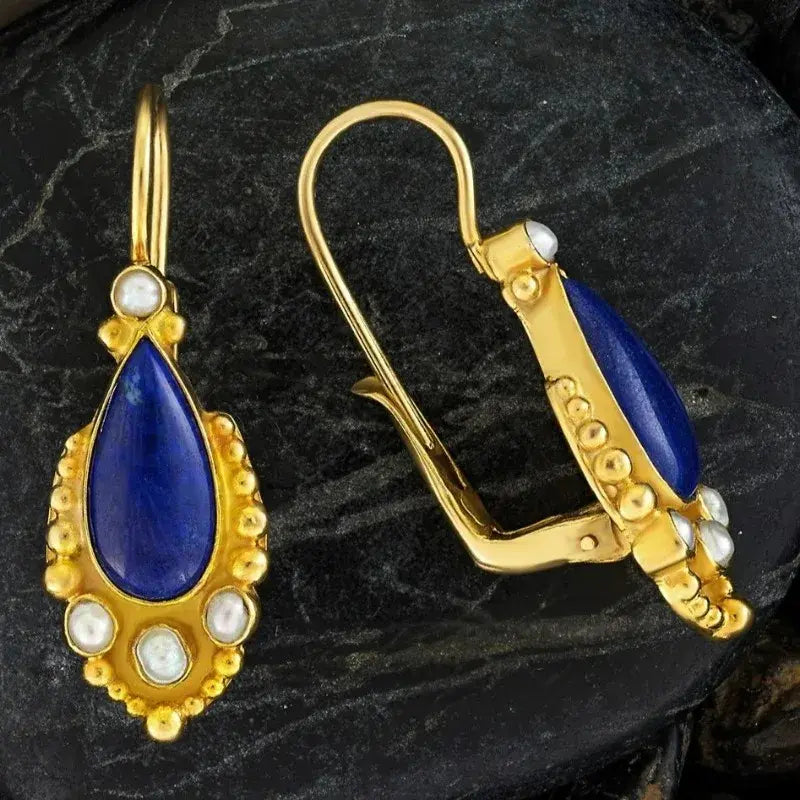 Blue Vintage Earrings in Gold with Pearls