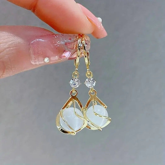 Vintage White Opal Drop Gold Earrings