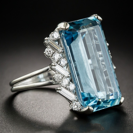 Vintage silver ring with light blue crystal and zirconia