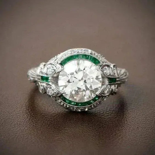 Vintage Green Glass White Zirconia Ring