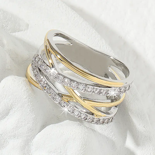Layered light zirconia gold and silver ring