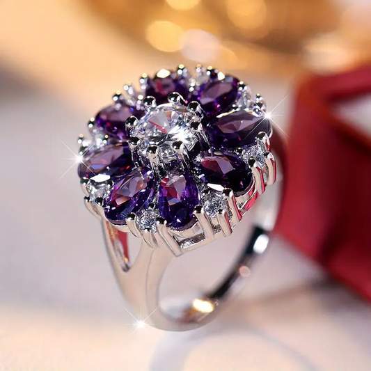 Vintage silver ring with purple flower