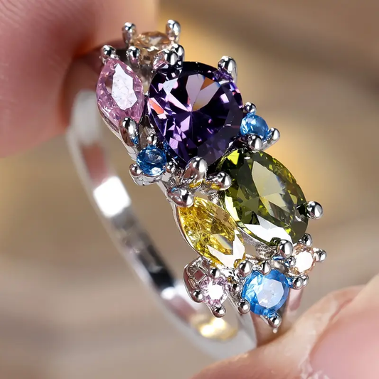 Vintage silver ring with colorful crystals