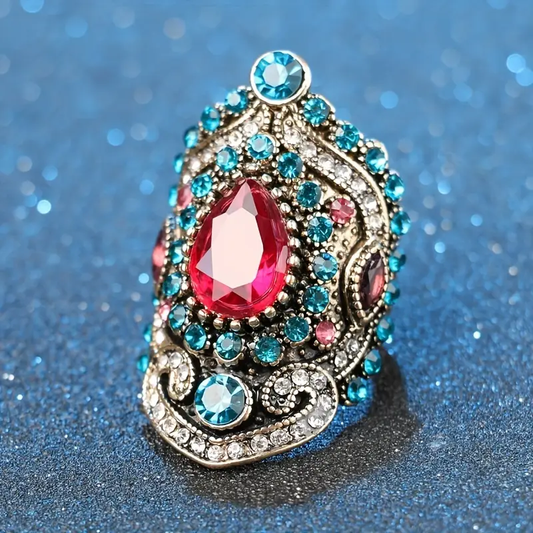 Asian-inspired ring with blue and red crystals