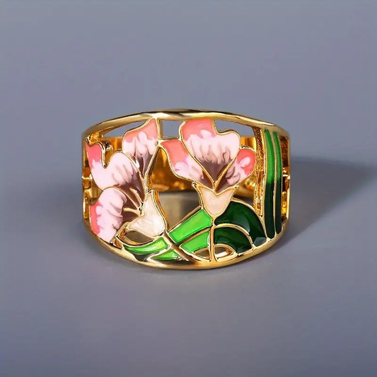 Golden flower ring with enamel