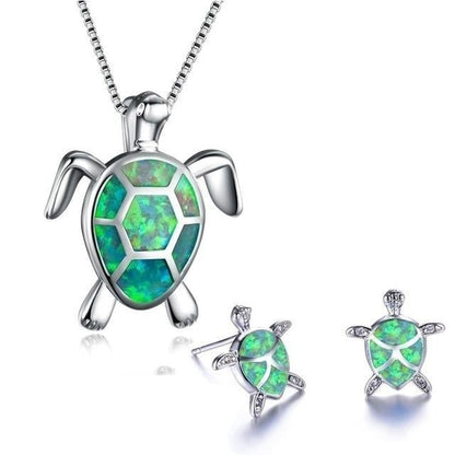 Set of necklace and earrings with opal sea turtles