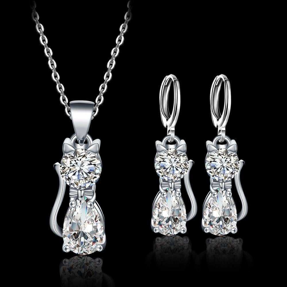 Happy Cat Necklace and Earring Set made of Sterling Silver and Polished White Zirconia